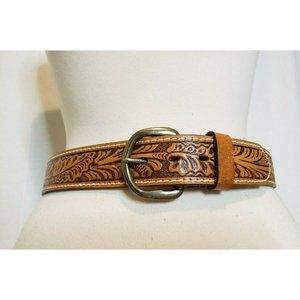 Womens Vintage Tooled Leather Belt Size 30 Top Grain Cow Hide
